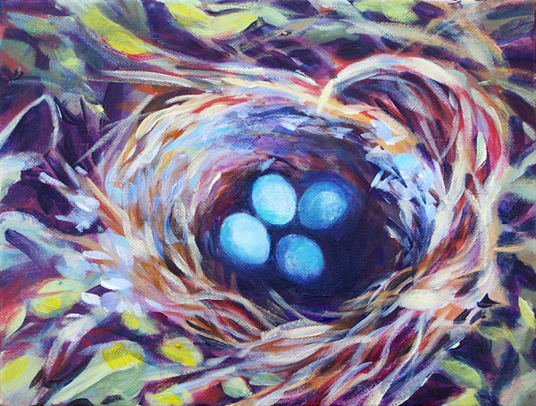 "Home Sweet Home", 9 x 12 image, framed acrylic on canvas, $350 slh-4-blue-eggs-wb