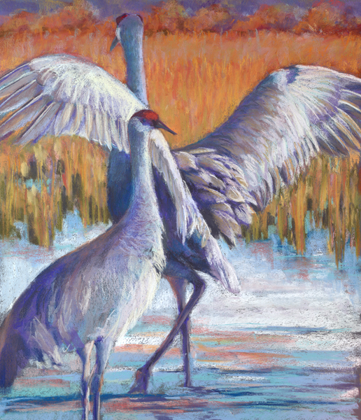 "Soulmates", 22" x 26" image, Framed 33" x 38", soft pastel—SOLD available as a limited edition giclee reproduction slh-cranes-soulmates-web