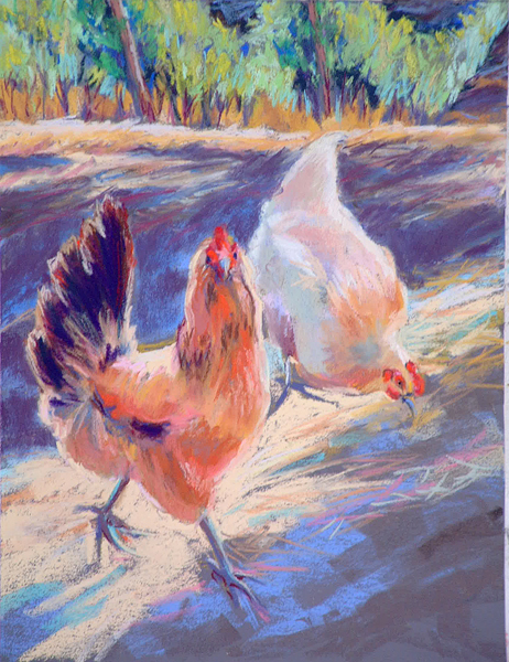 "Wendy's Chickens", 18" x 24" framed, soft pastel—SOLD wchickenswb